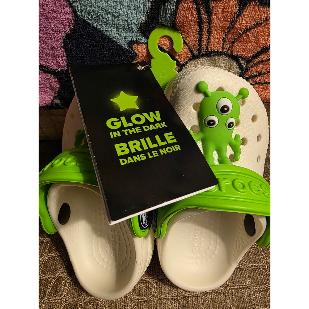 Crocs Classic Glow Alien Clog T Toddler Size C5 White Lime Green 208653-90H NEW